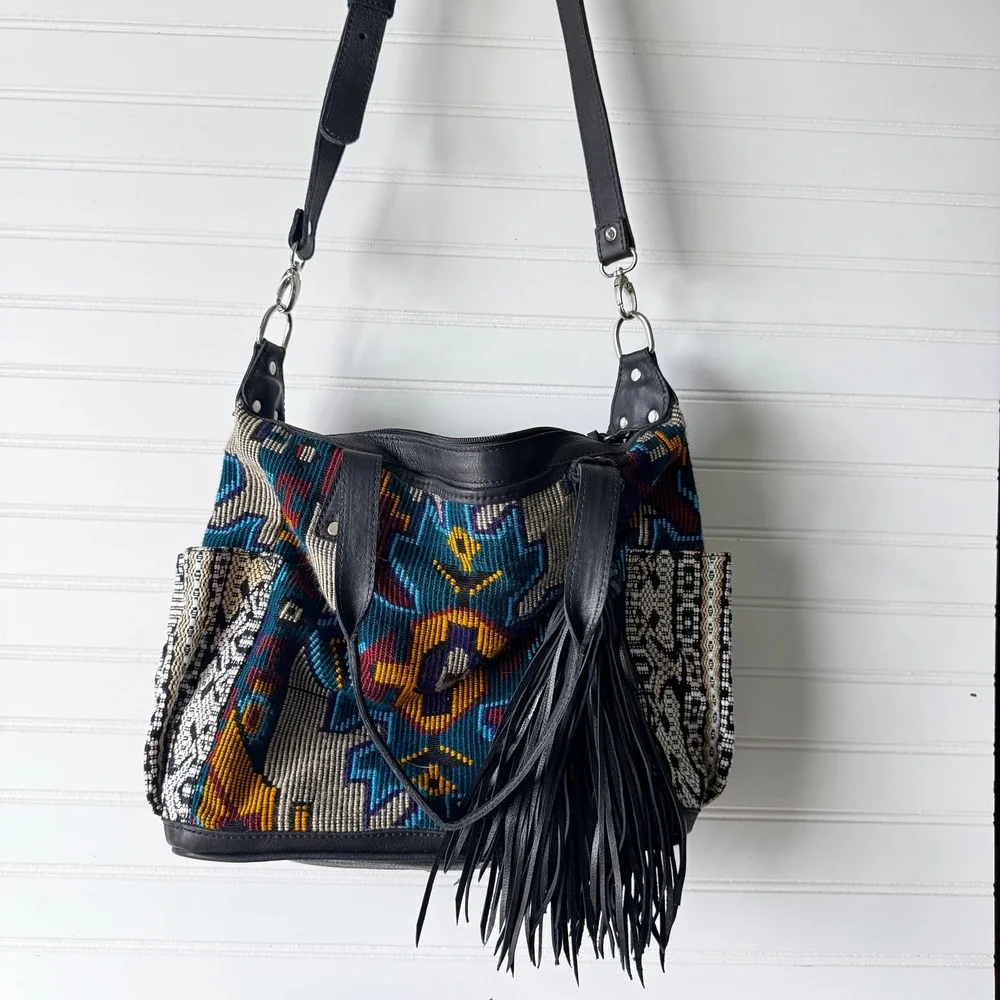 Maria's Artisan Shop Boho Tribal Woven Leather Tote‎ Bag Fringe Backpack - Picture 12 of 14